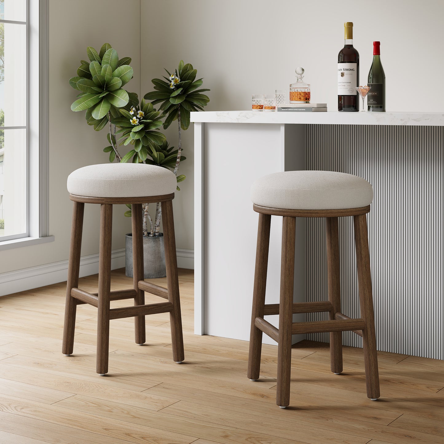 Nierbo Natural Rubber Wood & Fabric Bar Stool,Set of 2