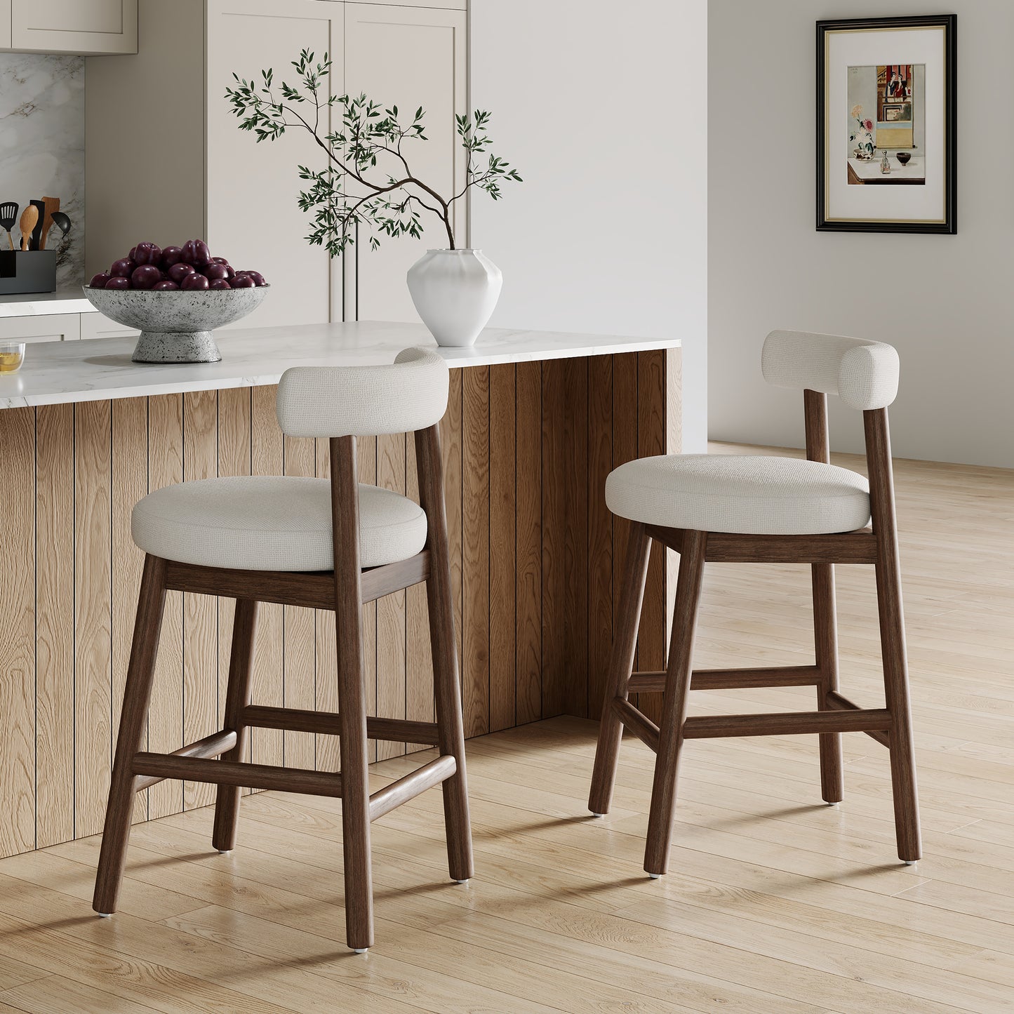 Quiner Modern Rubber Wood & Fabric Bar Stool,Set of 2