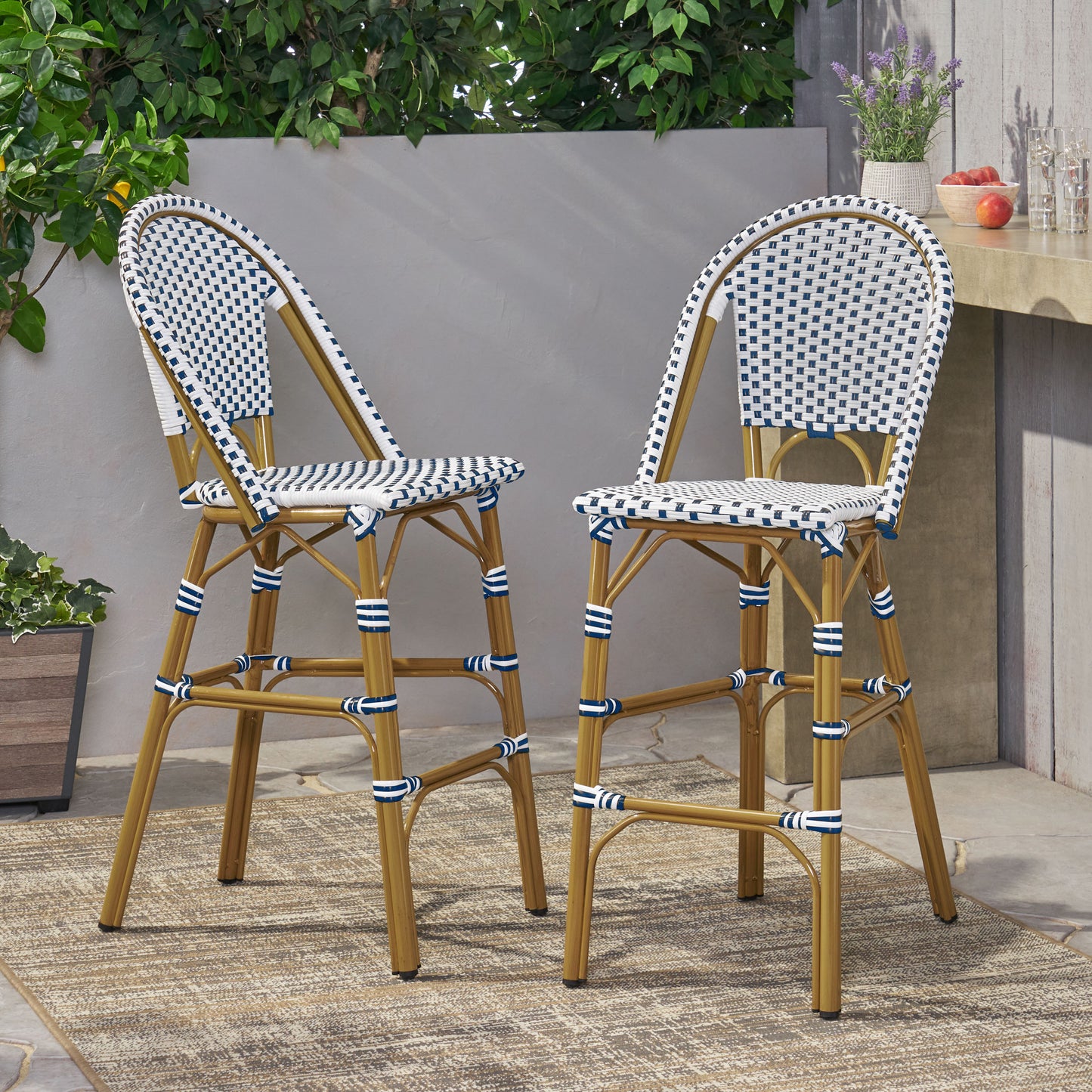 Altocanin 29.5" Outdoor PE Rattan French Barstool, White and Blue(Set of 2)
