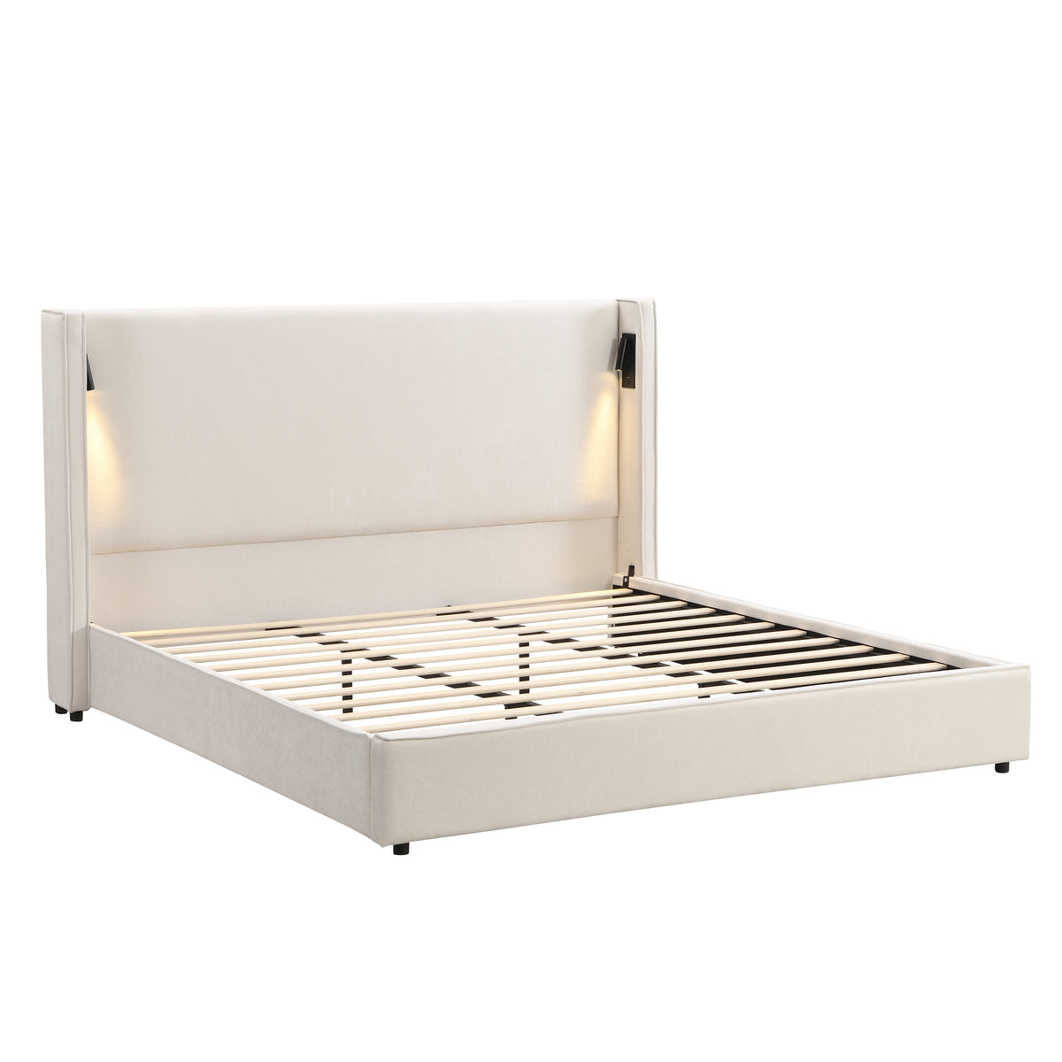 Armoire Hazel 49.20" H King Headboard Bed, Upholstered King Size Bed, Slats Panel Support Platform, No Spring Box Needed, Wingback Headboard with Reading Lamps and USB, Beige