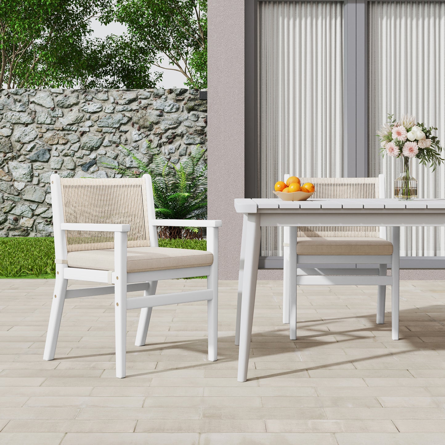 Daphne Outdoor Patio Dining Chairs with Rope Weave Back ,Cushioned, Set of 2