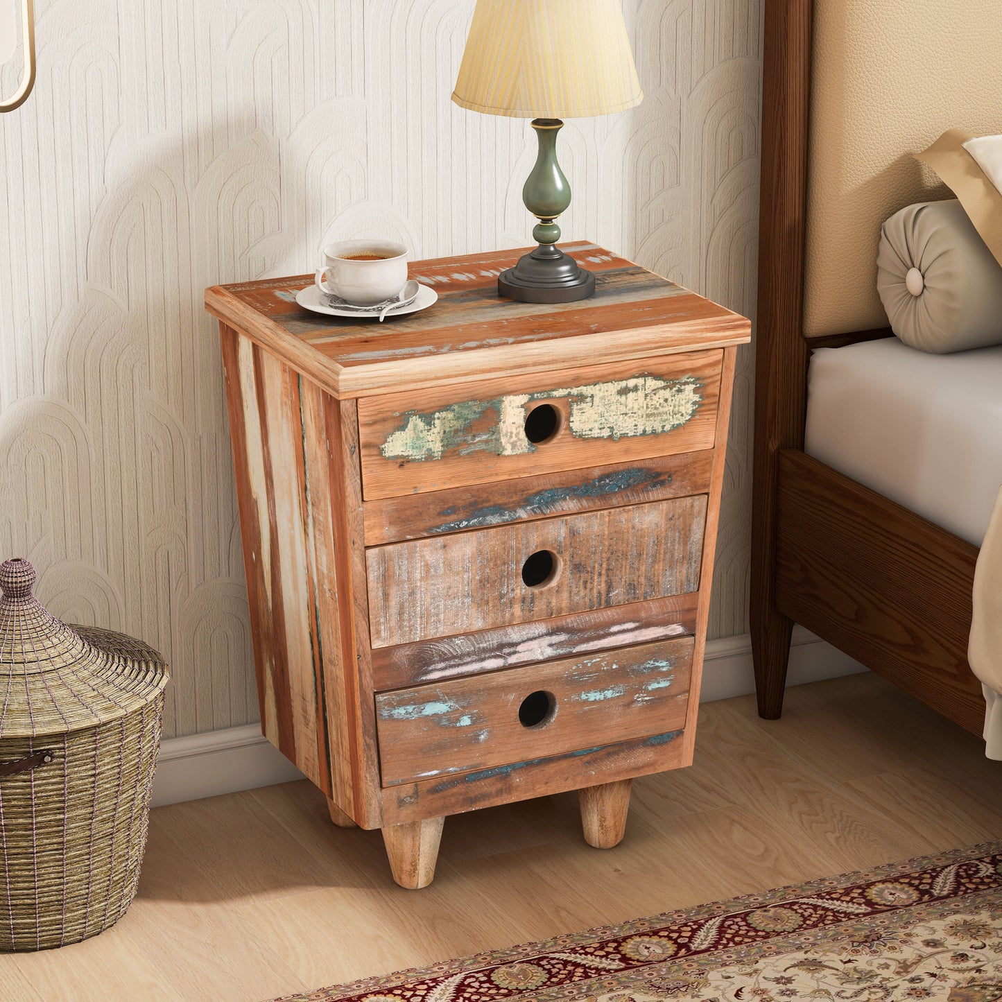 Fojorid Vintage Natural Bedside Table with 3 Drawers