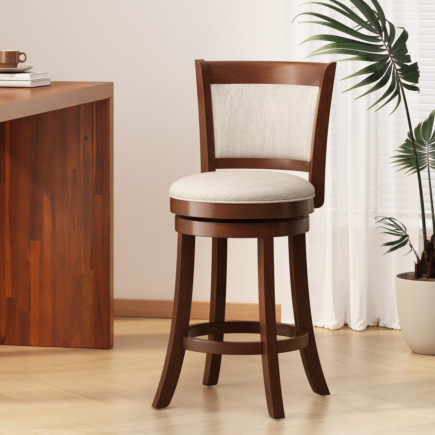 Davis Modern 24-Inch Beige Upholstered Wood Swivel Backed Counterstool
