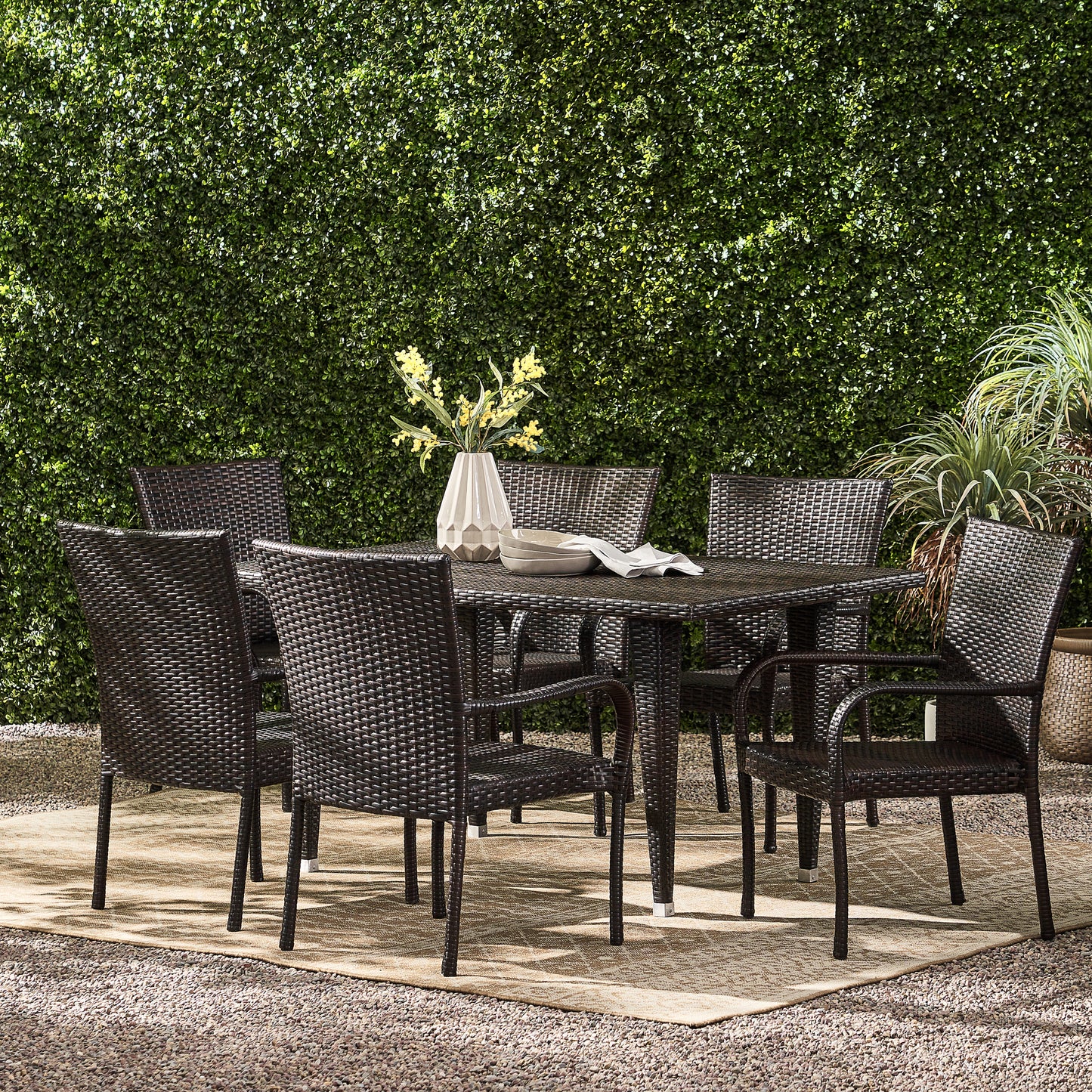 Yomunt Outdoor 7-Piece Multi-Brown Wicker Dining Set with Stackable Chairs