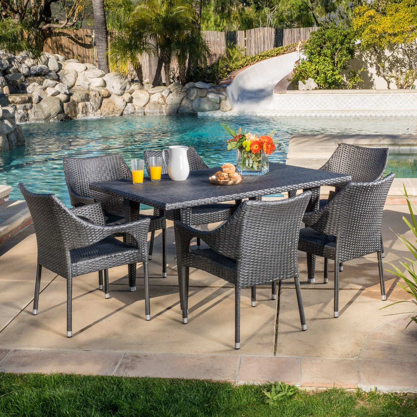Alameda Outdoor 7-Piece Gray Wicker Dining Set with Stacking Chairs
