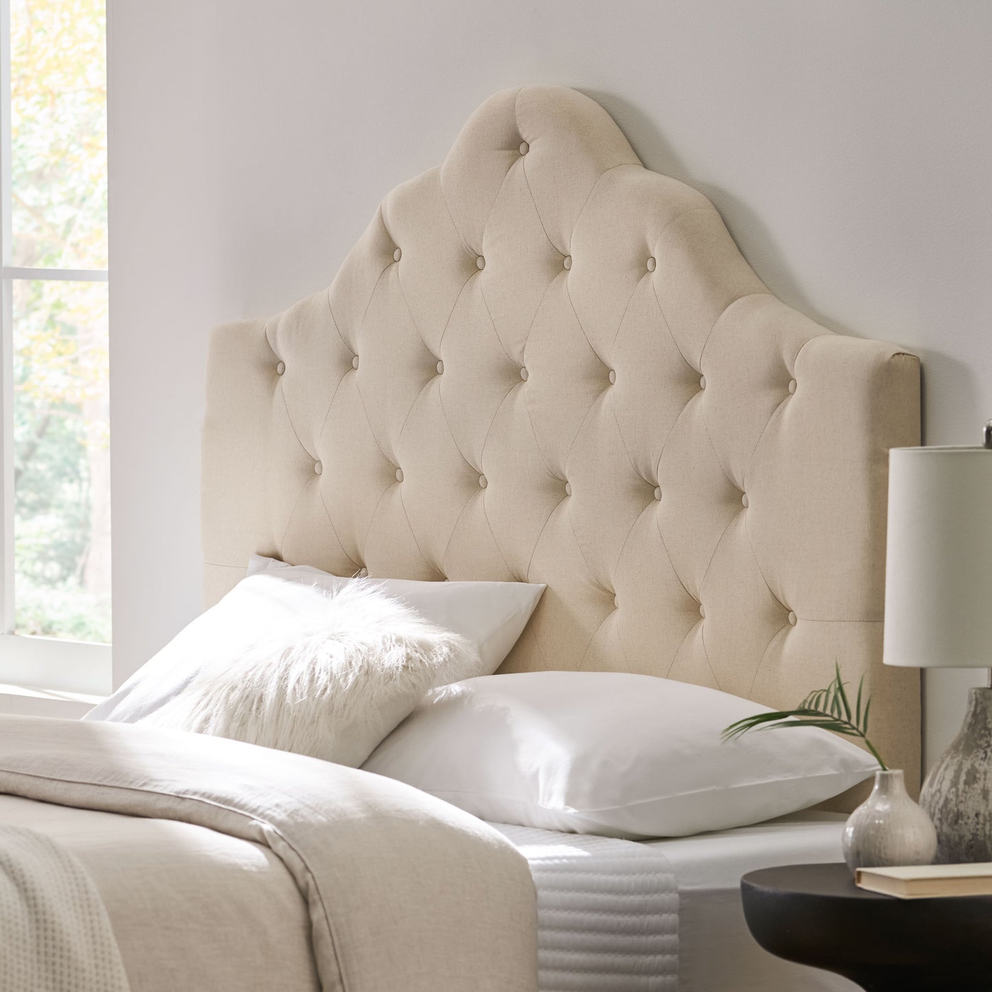 Orlban Contemporary Button Tufted Beige Fabric Queen/Full Headboard