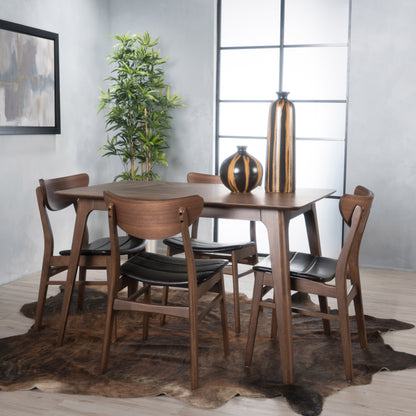 Katherine Mid Century Modern Wood Upholstered 5-Piece Dining Set, Walnut and Dark Brown