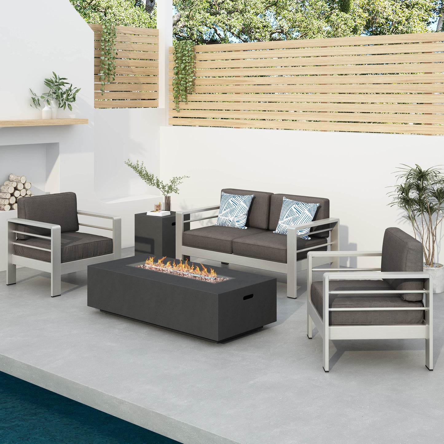 Crested Bay Outdoor 5 Piece Chat Set with Cushions and Fire Pit
