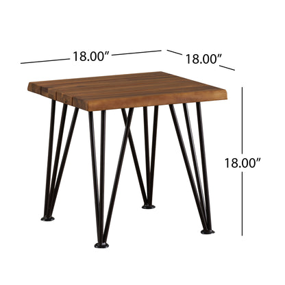 Avy Outdoor Rustic Industrial Acacia Wood Accent Table with Metal Hairpin Legs, Teak