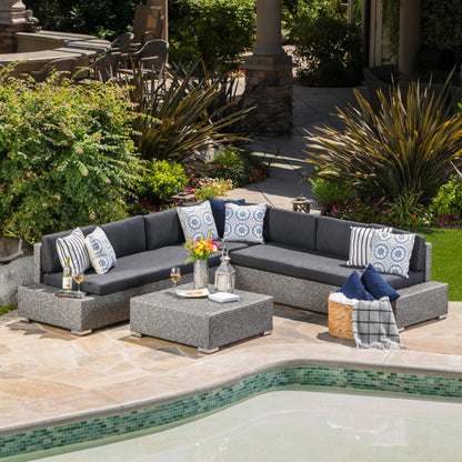 Pueblo Outdoor 7 Seat Wicker V Shaped Sectional Sofa w/ Water Resistant Cushions