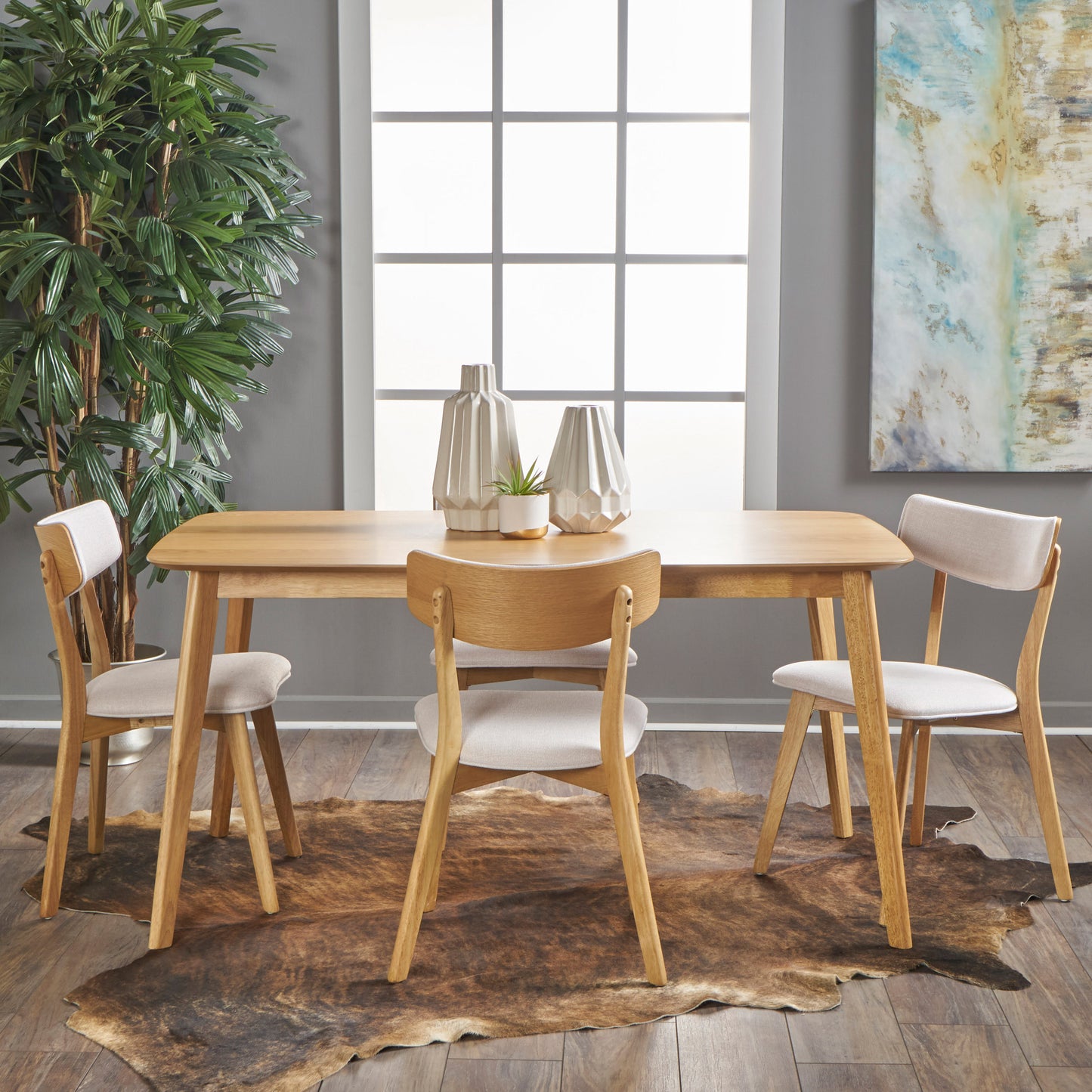 Aman Mid Century Natural Oak Finished 5 PC Dining Set