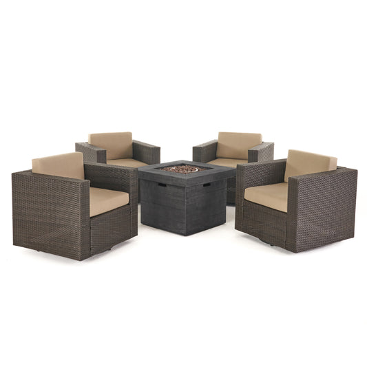 Venice Outdoor 5 Piece Chat Set with Dark Brown Chairs with Fire Pit