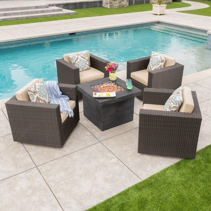 Venice Outdoor 5 Piece Chat Set with Dark Brown Chairs with Fire Pit