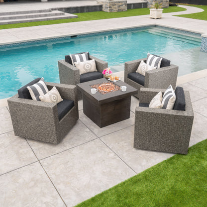 Venice Outdoor 5 Piece Chat Set with Mixed Black Wicker Chairs and Fire Pit