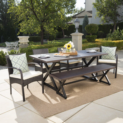 Palladium Outdoor 6 Piece Brown Aluminum Dining Set with Bench and Wicker Dining Chairs