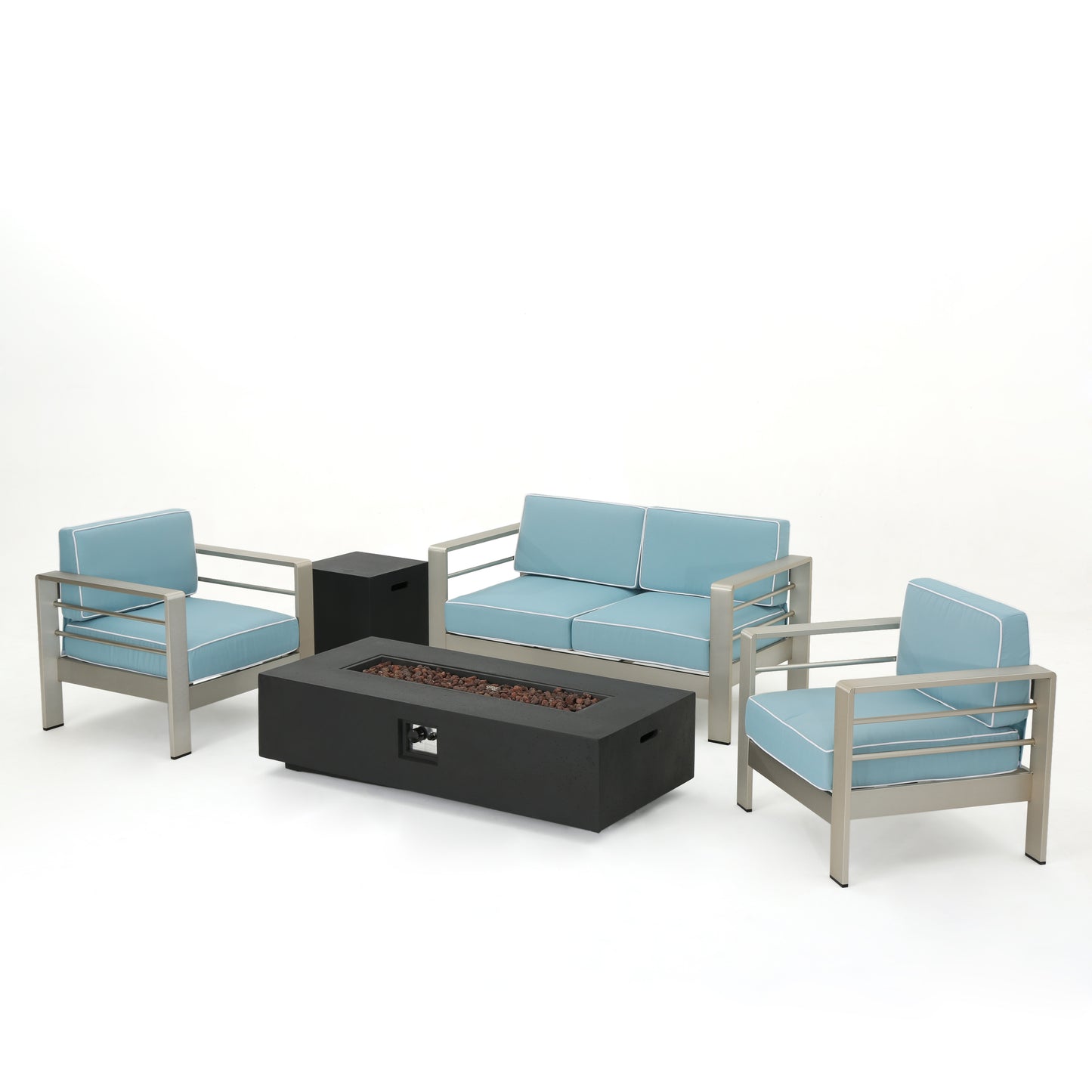 Crested Bay 5 Piece Aluminum Chat Set with Water Resistant Cushions and Fire Pit