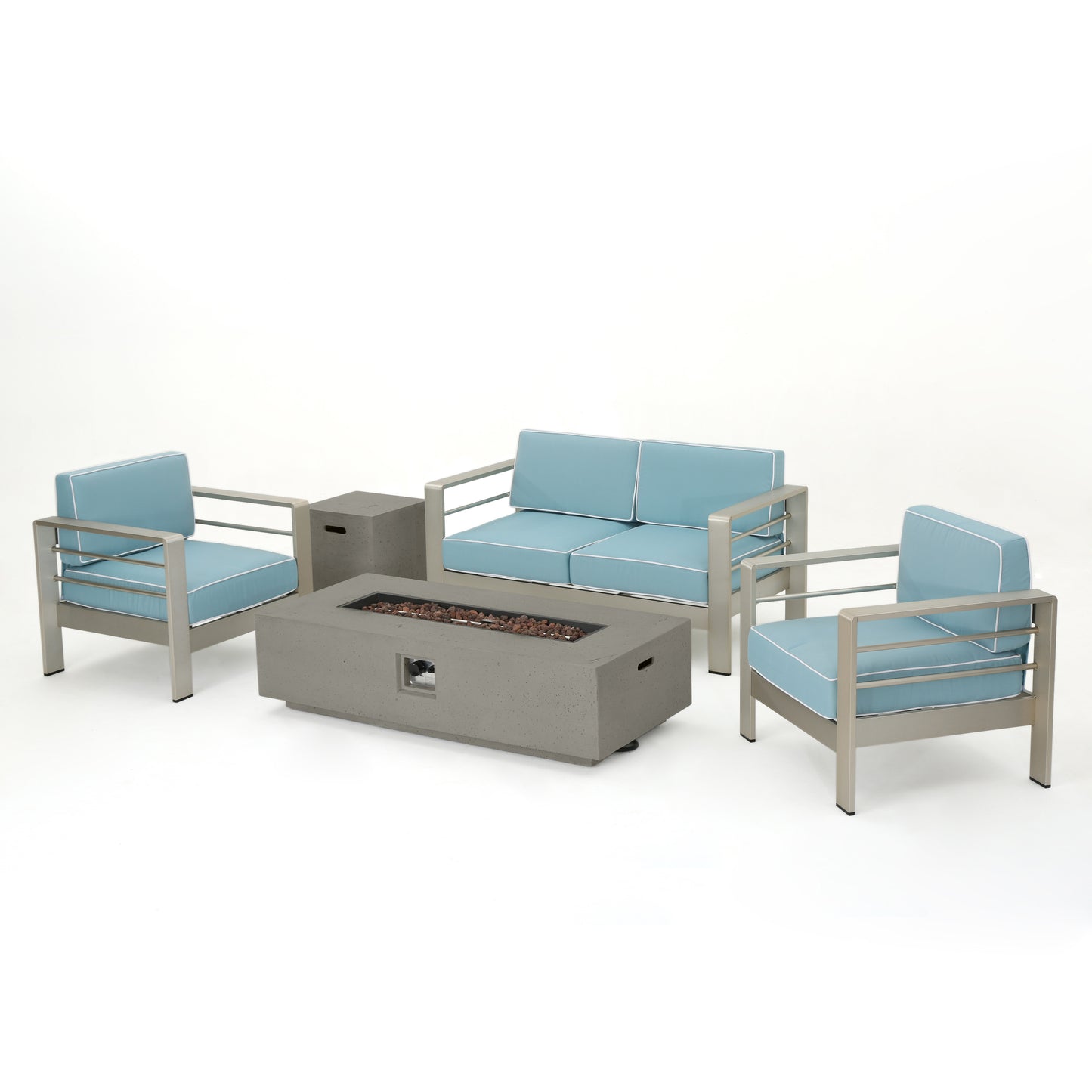 Crested Bay 5 Piece Aluminum Chat Set with Water Resistant Cushions and Fire Pit
