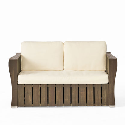 Edward Outdoor Acacia Wood Loveseat and Coffee Table Set with Cushions