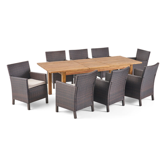 Lilith Outdoor 9 Piece Multibrown Wicker Dining Set with Teak Finished Acacia Wood Expandable Dining Table and Light Brown Water Resistant Cushions