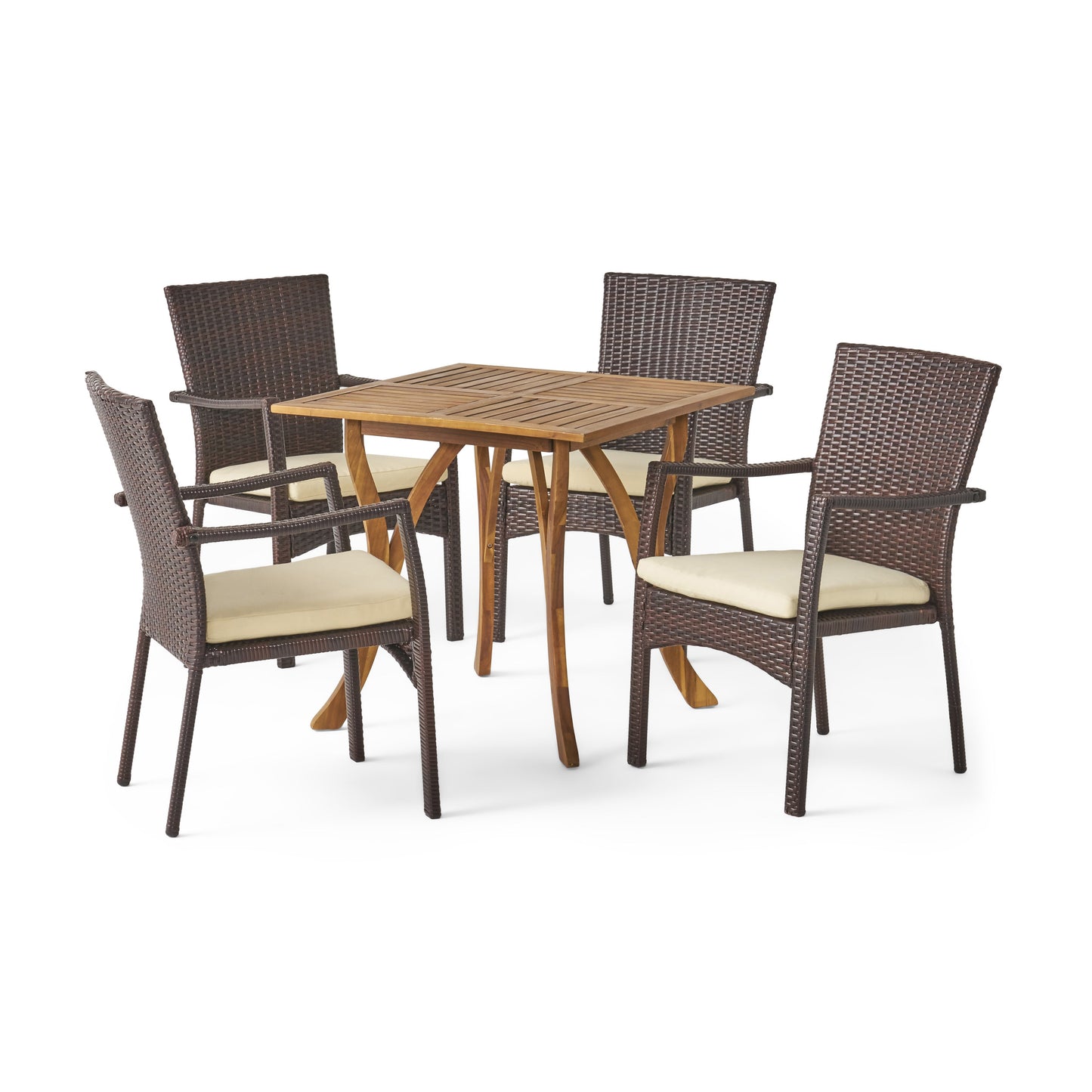 Alva Outdoor 5 Piece Acacia Wood/ Wicker Dining Set with Cushions