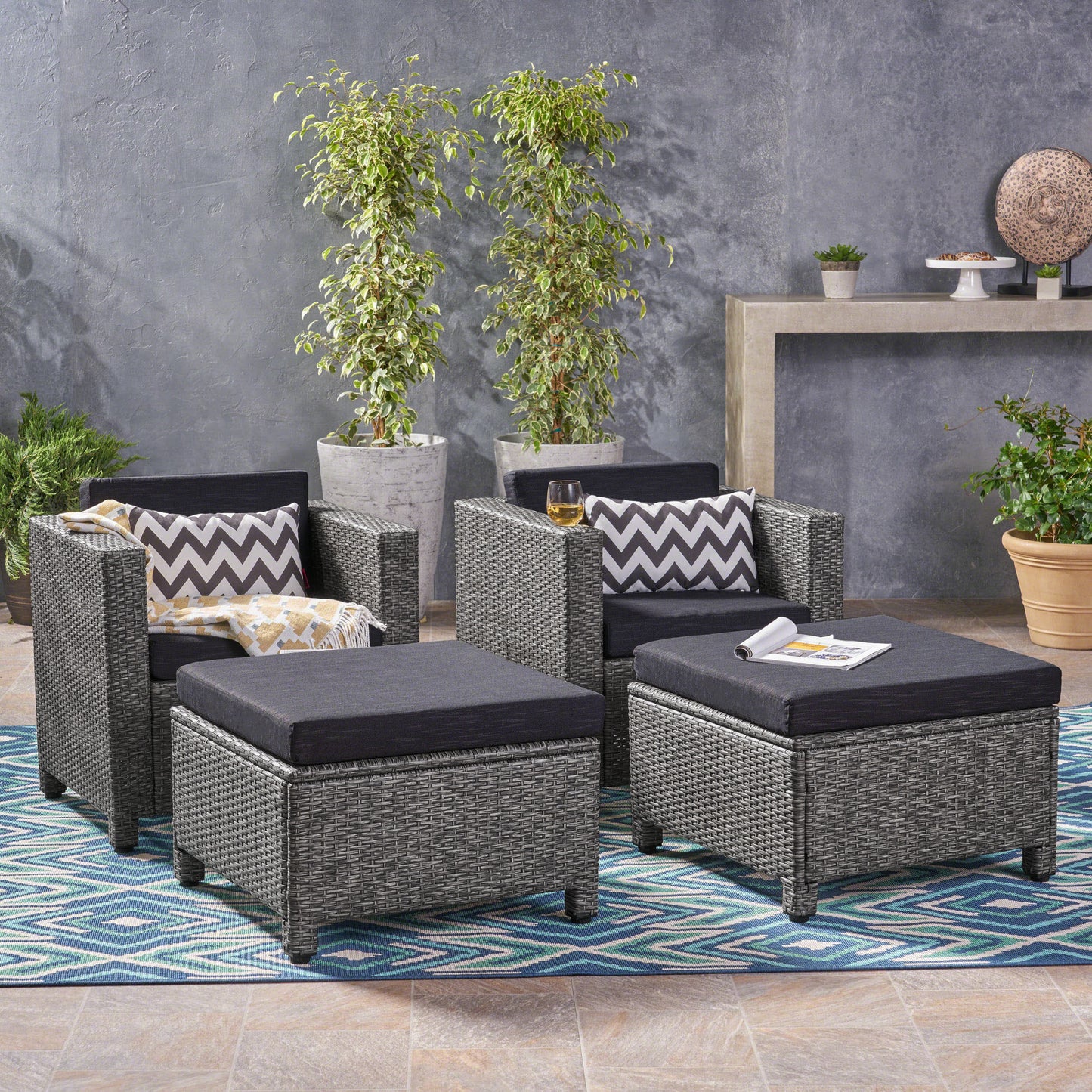 Venice Outdoor Gray PE Wicker Club Chair with Ottoman (set of 2)