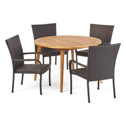 Ivey Outdoor 5 Piece Wood and Wicker Dining Set