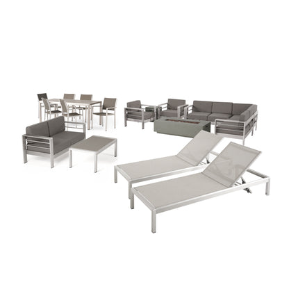 Crested Bay 7 Piece Dining Set + Sofa Set + 4pc Chat Set + Dark Gray Fire Pit + 2 Chaise Lounges