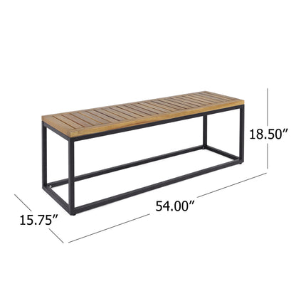 Drew Outdoor Industrial Acacia Wood and Iron Bench