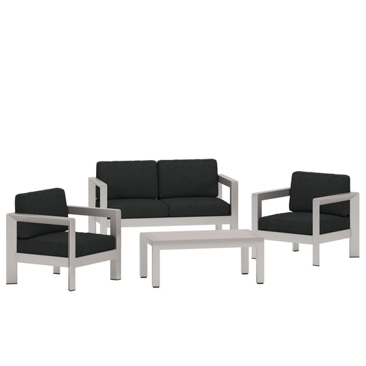 Kenia Outdoor 4-Seater Aluminum Chat Set with Tempered Glass-Topped Coffee Table, Silver and Gray
