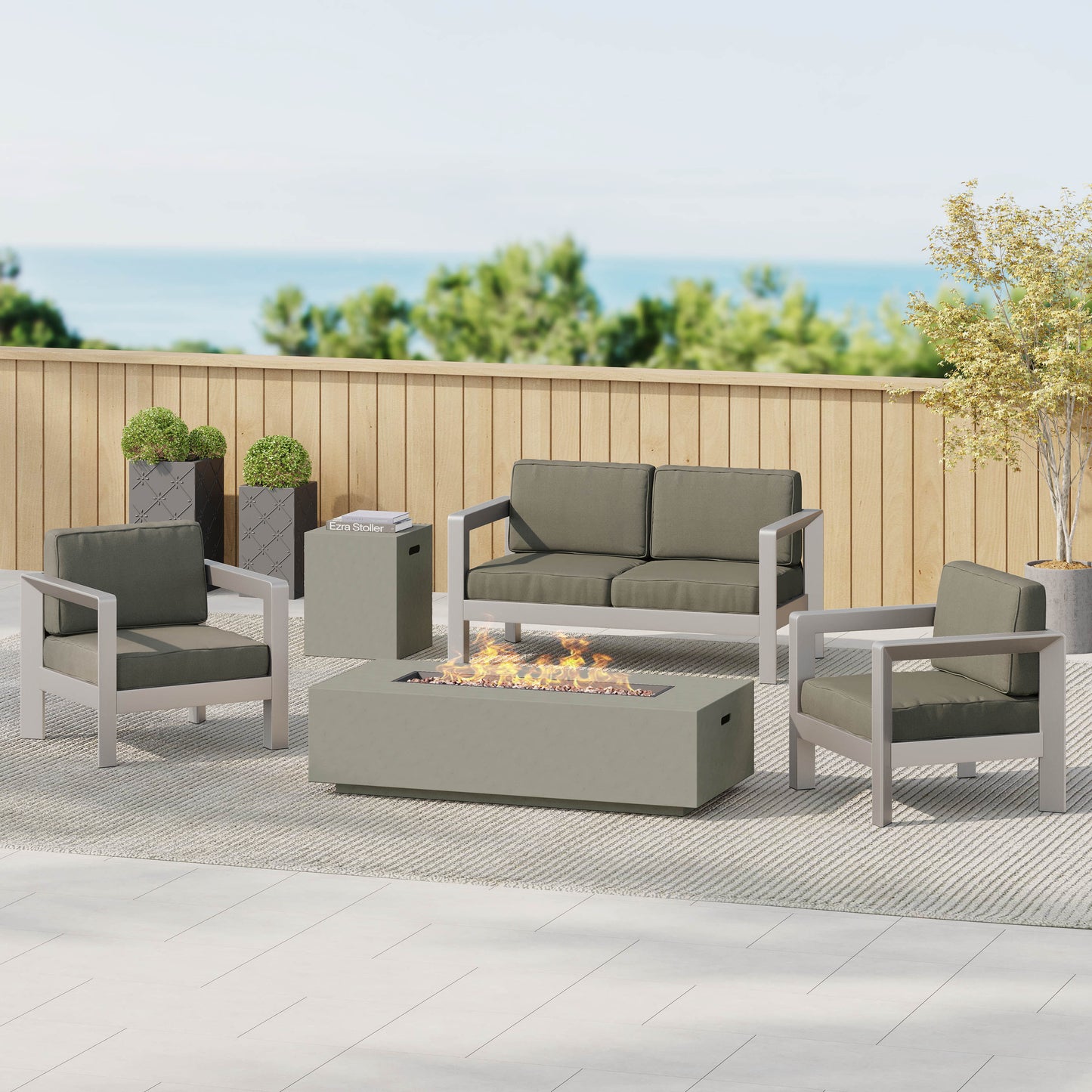 Booth Outdoor 4-Seater Aluminum Chat Set with Fire Pit and Tank Holder