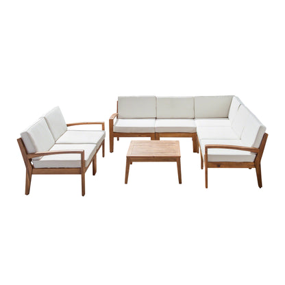 Giselle Outdoor Acacia Wood 7 Seater Sectional Sofa and Loveseat Set with Coffee Table