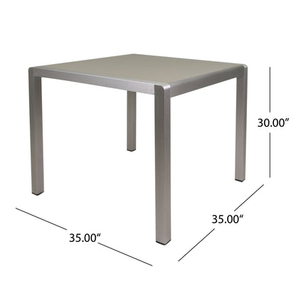 Louie Coral Outdoor Dining Table - Anodized Aluminum - Tempered Glass Table Top - Square - Silver and Gray - 35-inch