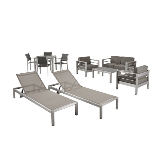 Julia Patio Collection - 4-Seat Dining Set, 3-Piece Conversation Set, 2 Chaise Lounges, Coffee Table - Aluminum - Glass Table Top - Silver, Gray, Khaki