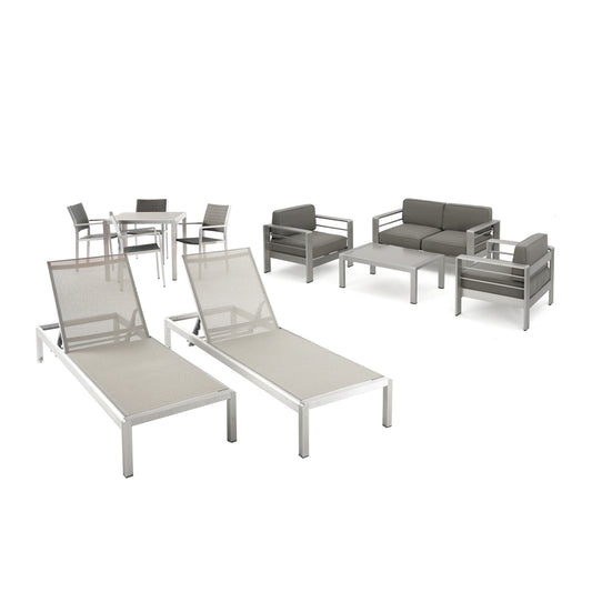 Julia Patio Collection - 4-Seat Dining Set, 3-Piece Conversation Set, 2 Chaise Lounges, Coffee Table - Aluminum - Faux Wood Table Top - Silver, Gray, Khaki