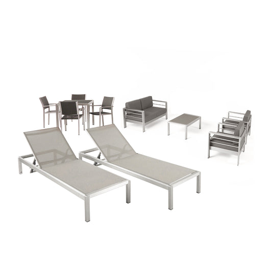 Julia Patio Collection - 4-Seat Dining Set, 3-Piece Conversation Set, 2 Chaise Lounges, Coffee Table - Aluminum - Wicker Table Top and Seats - Silver, Gray, Khaki
