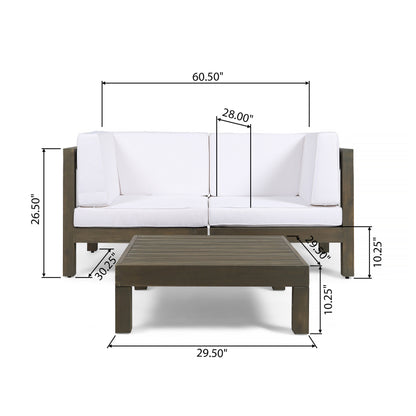 Dawson Outdoor Sectional Loveseat Set with Coffee Table - 3-Piece 2-Seater - Acacia Wood - Outdoor Cushions