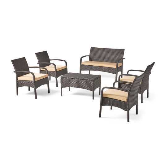 Mavis Patio Conversation Set, 6-Seater with Loveseat, Club Chairs, and Coffee Table, Brown Wicker with Tan Outdoor Cushions