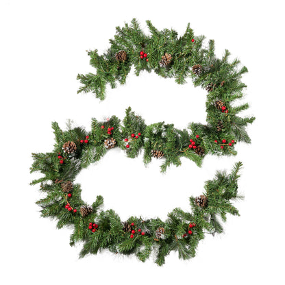 9-foot Mixed Spruce Pre-Lit Warm White LED Artificial Christmas Garland with Glitter Branches, Red Berries and Pinecones