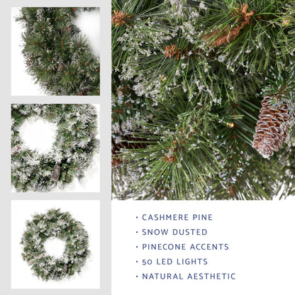 24" Cashmere Pine and Mixed Needles Warm White LED Artificial Christmas Wreath with Flocked Snow, Glitter Branches, and Pinecones