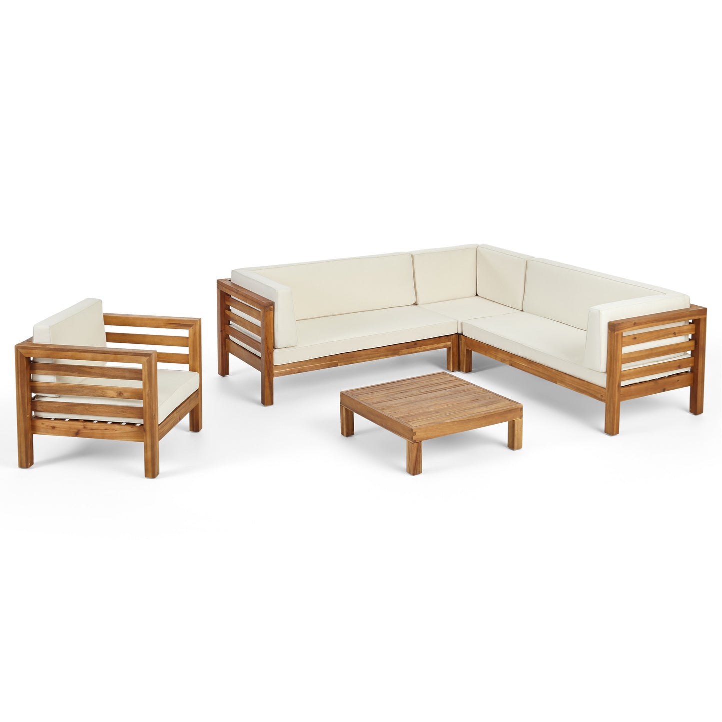 Emma Outdoor 6 Seater Acacia Wood Sectional Sofa and Club Chair Set