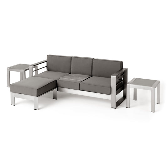 Stacy Outdoor 3 Seater Aluminum Sofa and Ottoman Set with Side Tables