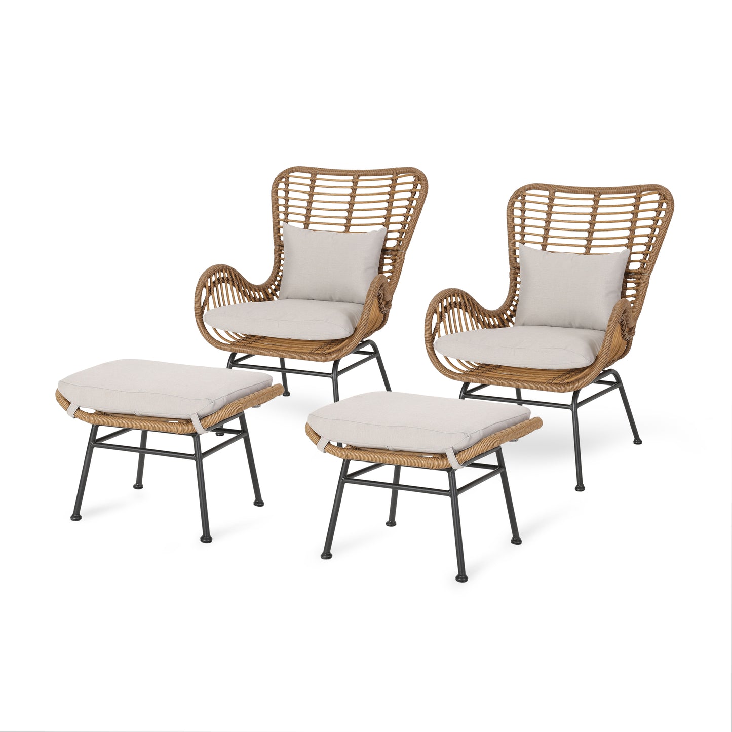 Izidro Indoor Boho Modern Wicker 4 Piece Club Chair and Ottoman Set