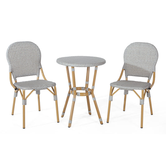 Gallia Outdoor Aluminum French Bistro Set, Gray and Bamboo Print