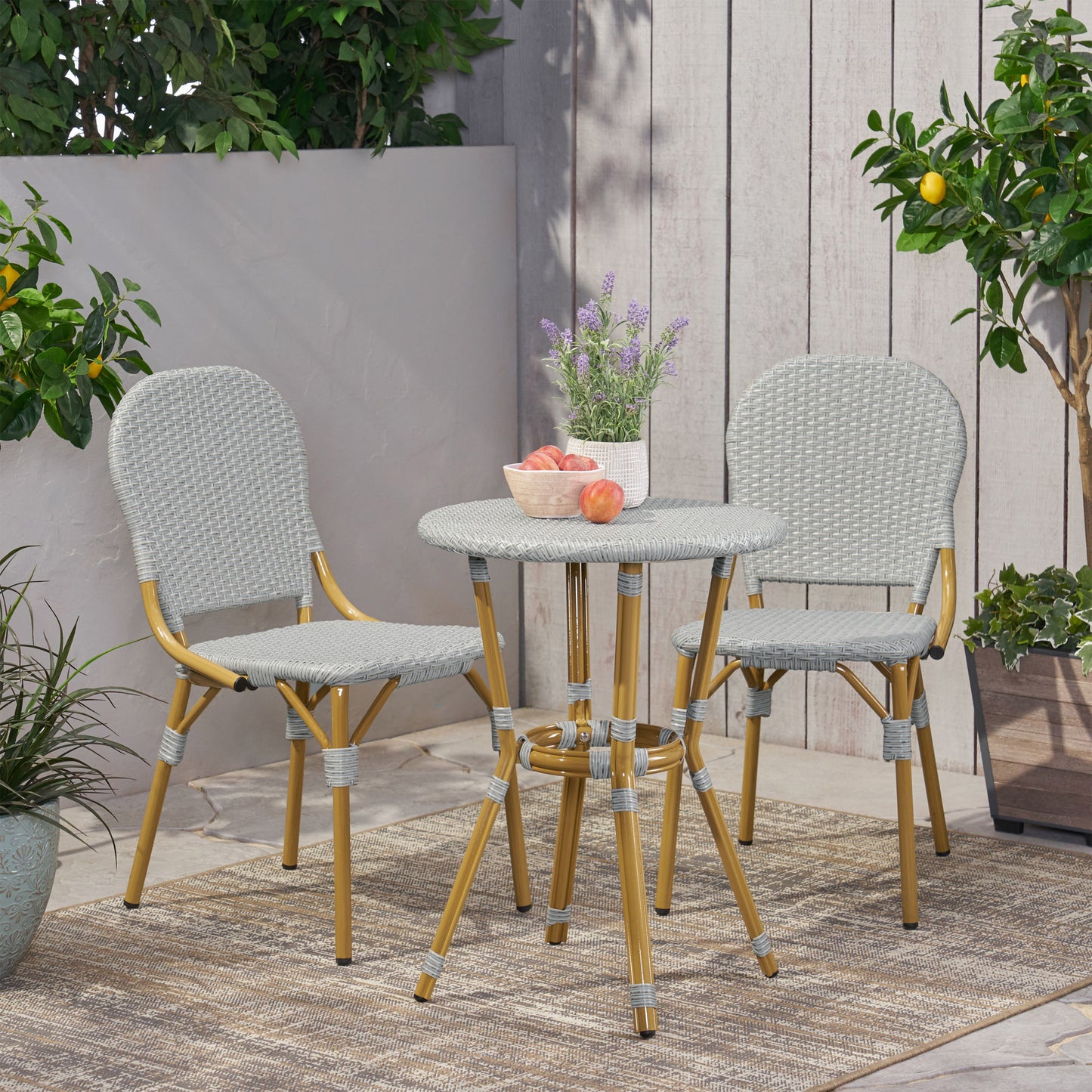 Gallia Outdoor Aluminum French Bistro Set, Gray and Bamboo Print