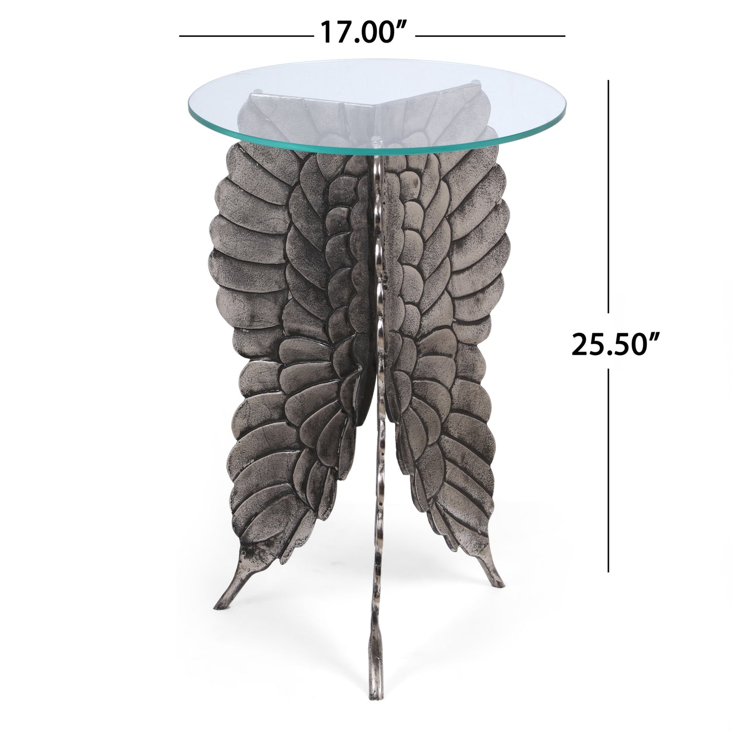 Hardt Boho Glam Handcrafted Aluminum Fairy Wing Accent Table with Glass Top, Antique Nickel