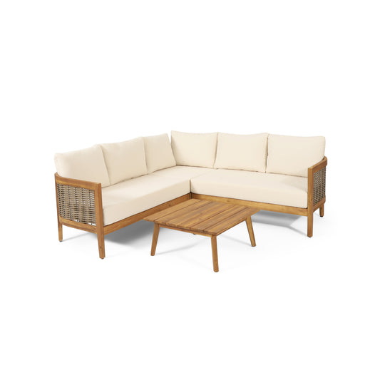 The Crowne Collection Outdoor Acacia Wood and Round Wicker 5 Seater Sectional Sofa Chat Set with Cushions, Teak, Mixed Brown, and Beige