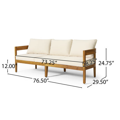 Brooklyn Outdoor Acacia Wood 3 Seater Sofa Chat Set with Ottoman, Teak and Beige