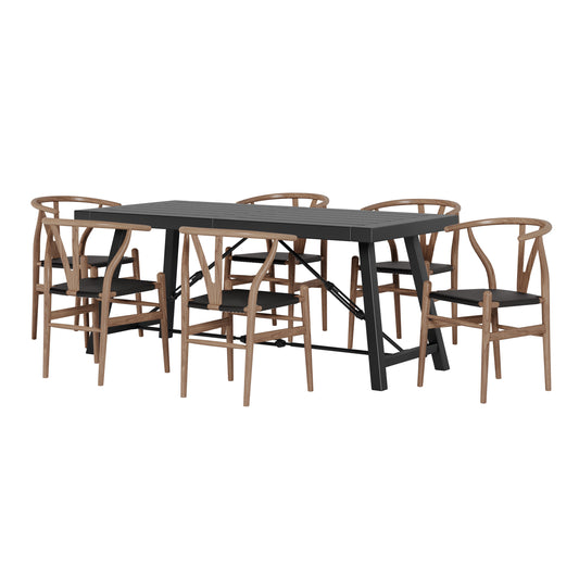 Aubrie Contemporary Iron and Wood 7 Piece Dining Table, Black and Antique Natural