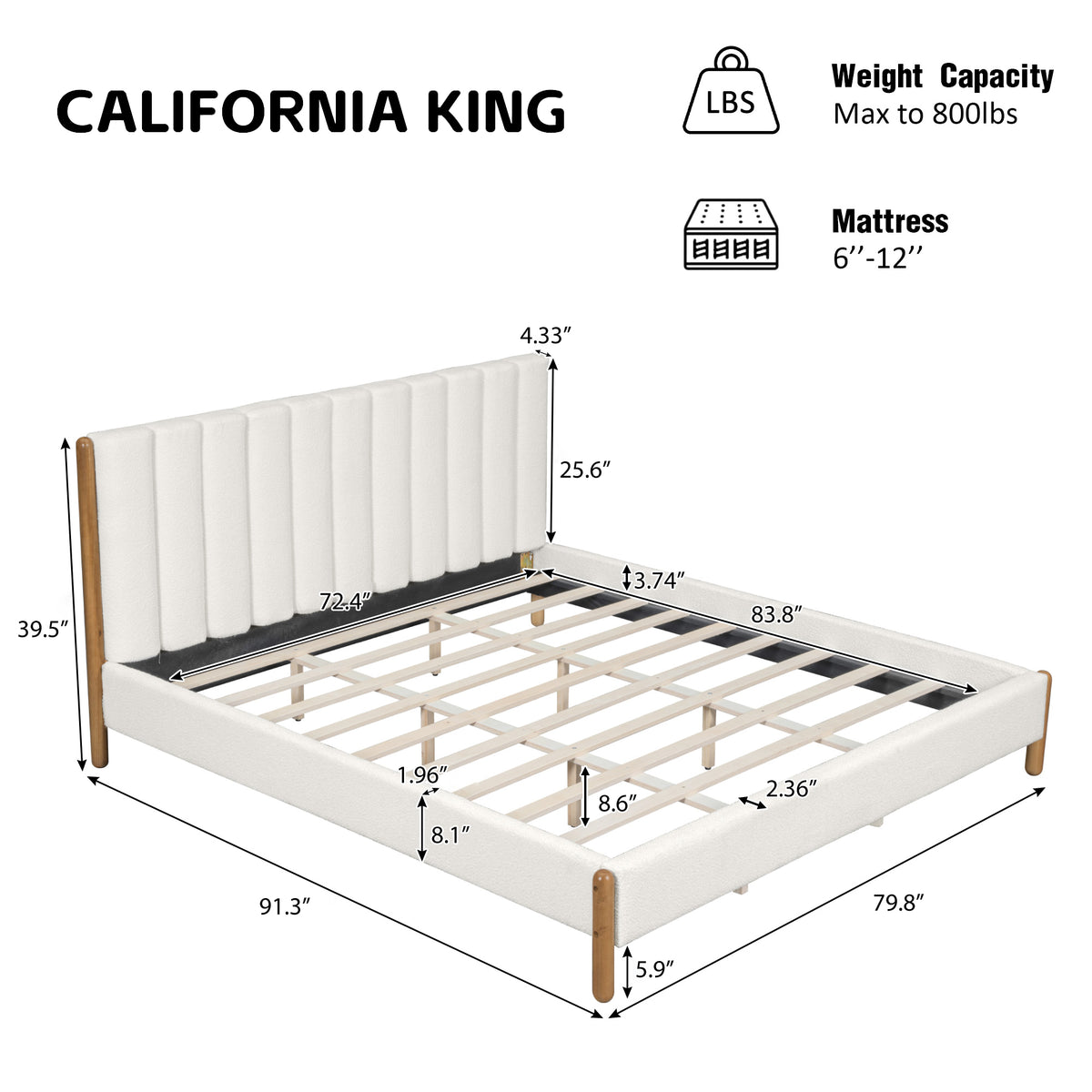 Punil Solid Wooden Bed Frame with Boucle Upholstered Thick Headboard