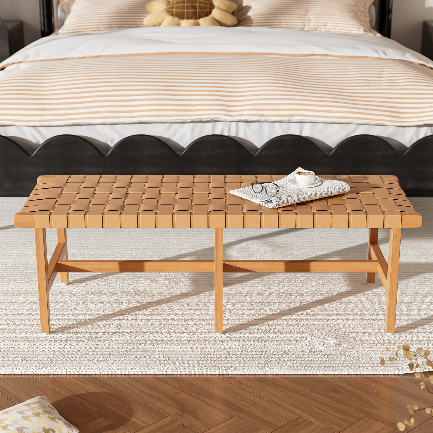 Sephiro Stylish Acacia Wood Bedroom Bench with Woven PU Leather Seat